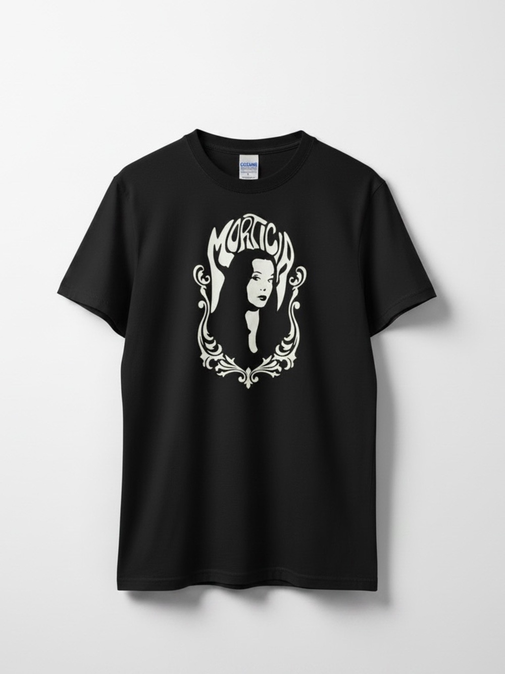Morticia Addams Black Graphic Tee | Gothic Art Nouveau Star Logo Back